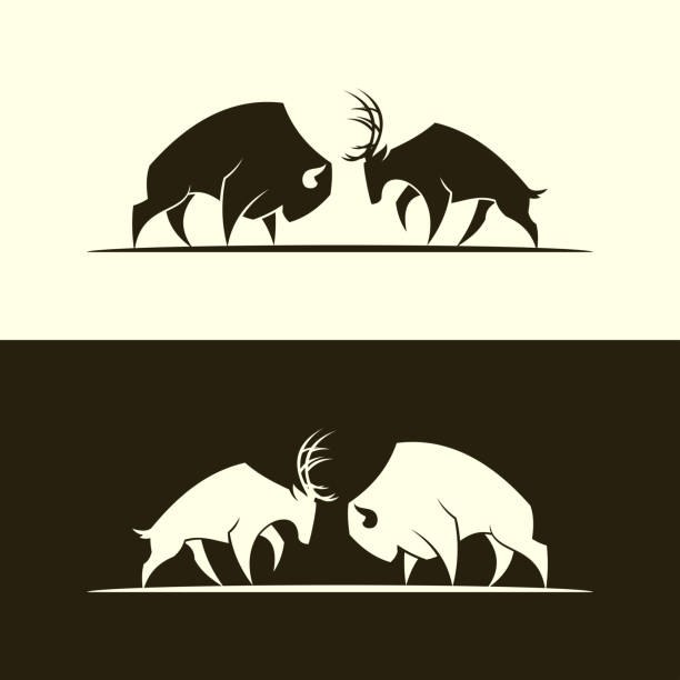 illustrazioni stock, clip art, cartoni animati e icone di tendenza di cervo e toro di bufalo ritagliati silhouette - alce americano
