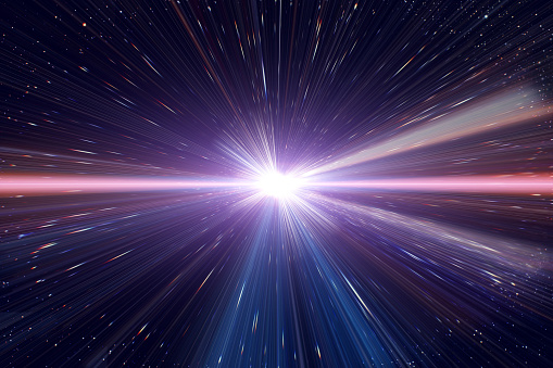 Velocidad de la luz viajes salto en el tiempo viajando en el espacio exterior galaxia. photo