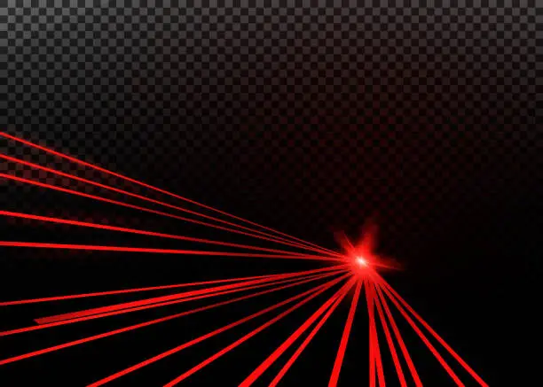 Vector illustration of Abstract red laser beam. Transparent isolated on black background. Vector illustration.