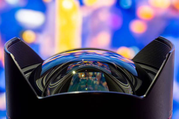 Wide angle fisheye front glass lens curve reflect light image distortion.