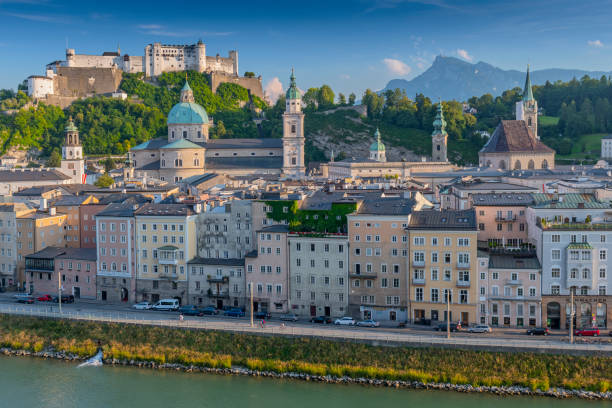 View from the Kapuzinerberg on the old town with Hohensalzburg Castle, Salzburg Cathedral and Collegiate Church, Salzburg Austria. View from the Kapuzinerberg on the old town with Hohensalzburg Castle, Salzburg Cathedral and Collegiate Church, Salzburg Austria. Kapuzinerberg stock pictures, royalty-free photos & images