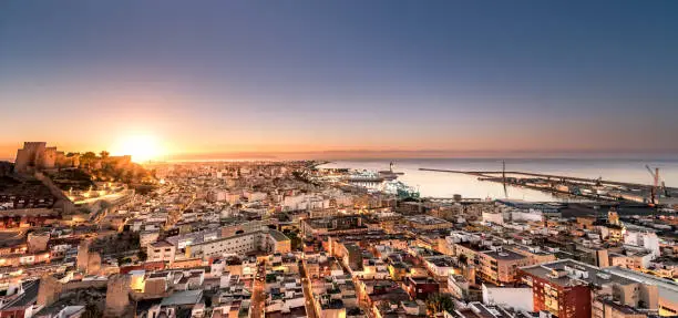 Dawn in the city Almeria, in the background the citadel of Almeria presiding over the city.