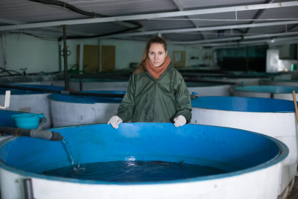 istock Woman watching fish in pool on farm 1048464156