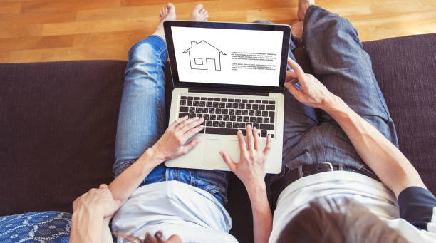 amily couple choosing new home online, search real estate young family couple choosing new home online, search real estate to buy or rent, house for sale on screen of computer house rental photos stock pictures, royalty-free photos & images