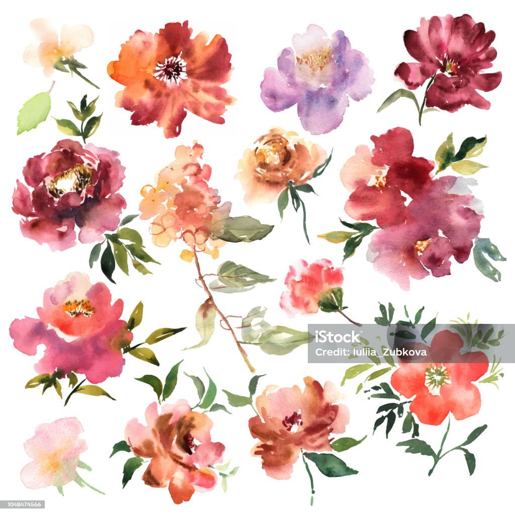 Flores acuarela mano dibujado colorido hermoso conjunto floral con planta de flor rojo rosa amarillo para impresiones de tarjetas y el invitación. Vector de - arte vectorial de Flor libre de derechos