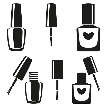 Black and white nail polish silhouette set. Hand hygiene solution. Beauty manicure themed vector illustration for icon, stamp, label, sticker, badge, gift card, certificate or flayer decoration