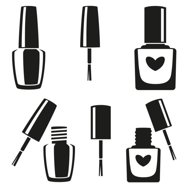 Black and white nail polish silhouette set Black and white nail polish silhouette set. Hand hygiene solution. Beauty manicure themed vector illustration for icon, stamp, label, sticker, badge, gift card, certificate or flayer decoration enamel wear stock illustrations