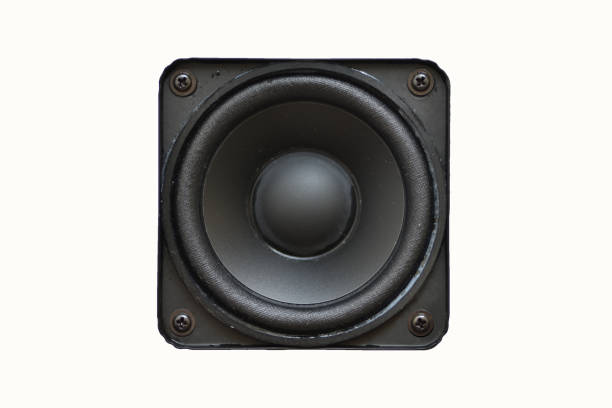 Audio equipment,  square dusty speaker isolated on white background