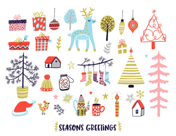Scandinavian style Christmas illustrations collection. Scandinavian style Christmas illustrations collection. Cozy winter holidays doodles set. Seasons greetings card. christmas drawings stock illustrations