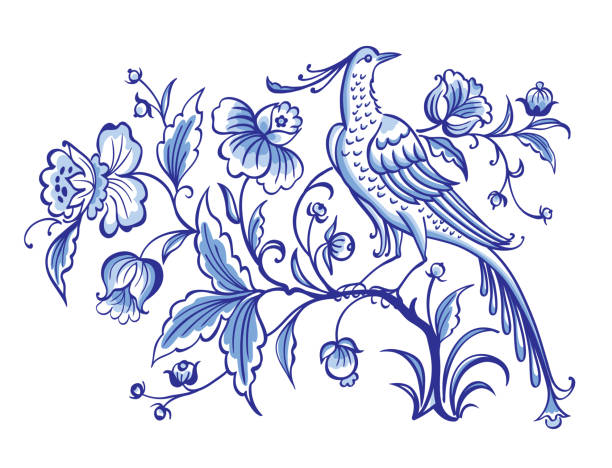 fantastische vogel auf einem magischen baum - peacock backgrounds animal bird stock-grafiken, -clipart, -cartoons und -symbole