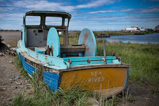 Old Fishing Boat on Display near the beach in Ninilchick, AK.