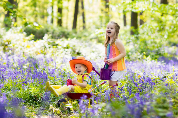 Kids with bluebell flowers, garden tools and wheelbarrow. Boy and girl gardening. Children play outdoor in bluebells, work, plant and water blue bell flower bed. Family fun in summer forest.