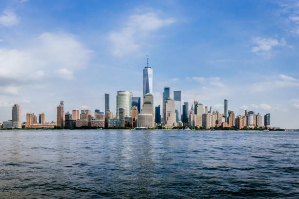 Skyline of Downtown Manhattan over Hudson River stock photo