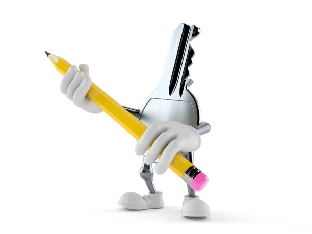 istock Door key character holding pencil 1048500248