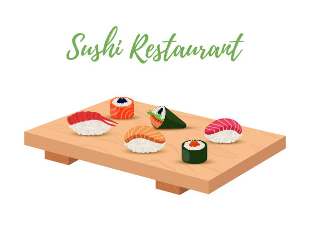 ilustrações, clipart, desenhos animados e ícones de sushi de vetor definido na bandeja de madeira para restaurante japonês - tuna food table dinner