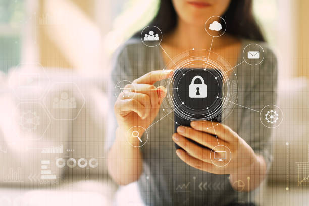 istock Cyber secuirty with woman using a smartphone 1048519926
