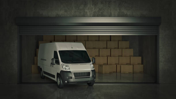 istock Open self storage unit full of cardboard boxes with Van. 3d rendering 1048523522
