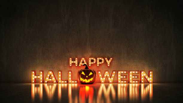 istock Neon Sign on Brick Wall background - Happy Halloween. 3d rendering 1048523548