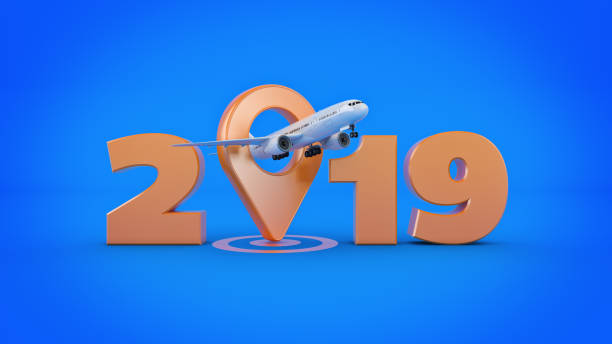 istock Airline travel concept. Airport pointer. 2019 New Year sign. 3d rendering. 1048525574
