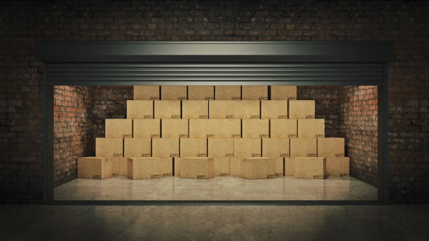 istock Open self storage unit full of cardboard boxes. 3d rendering 1048525684