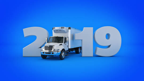 istock Refrigerated Truck concept 2019 New Year sign. 3d rendering. 1048525732
