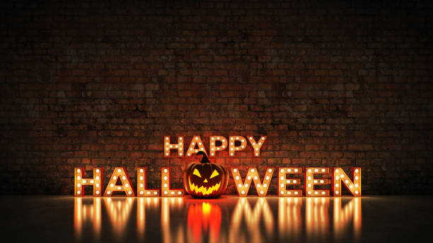 istock Neon Sign on Brick Wall background - Happy Halloween. 3d rendering 1048525738