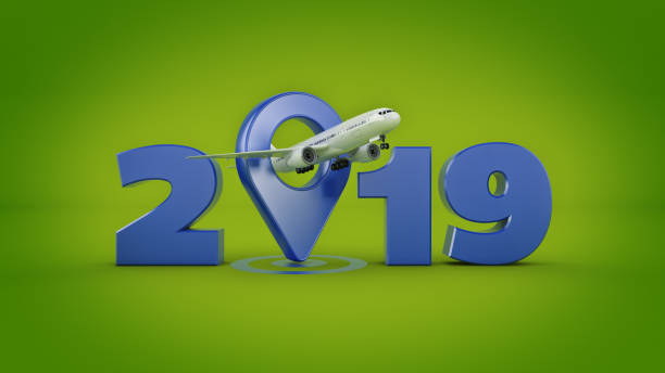 istock Airline travel concept. Airport pointer. 2019 New Year sign. 3d rendering. 1048525802