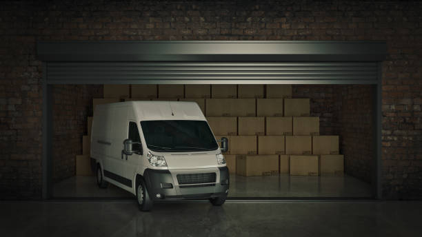 istock Open self storage unit full of cardboard boxes with Van. 3d rendering 1048525804