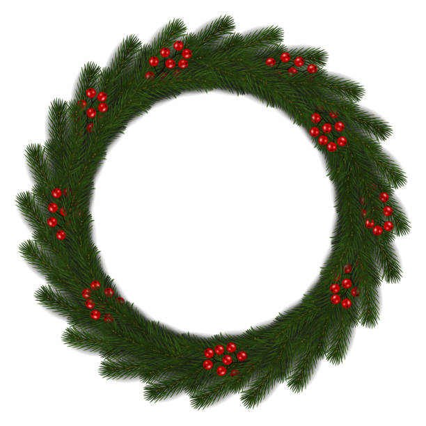 istock Green Christmas wreath with red berry vector isolated on white background. Xmas round garland decora 1048532346