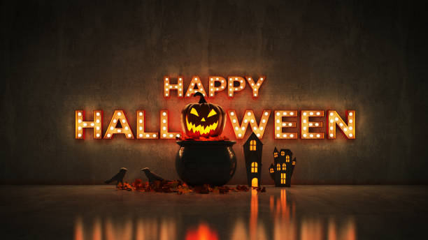 istock Neon Sign on Brick Wall background - Happy Halloween. 3d rendering 1048537006