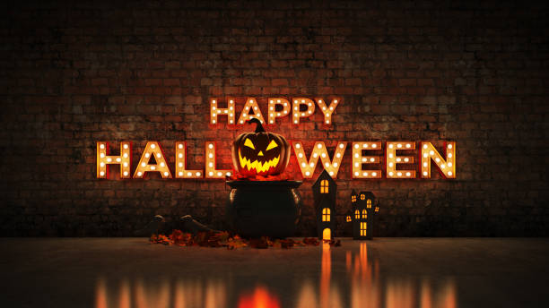 Neon Sign on Brick Wall background - Happy Halloween. 3d rendering