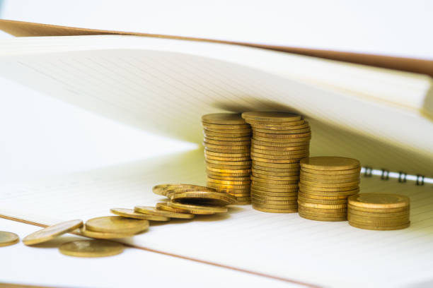 istock Step of coins stack on notebook paper with copy space for add text, financial and business planning concept. 1048545484