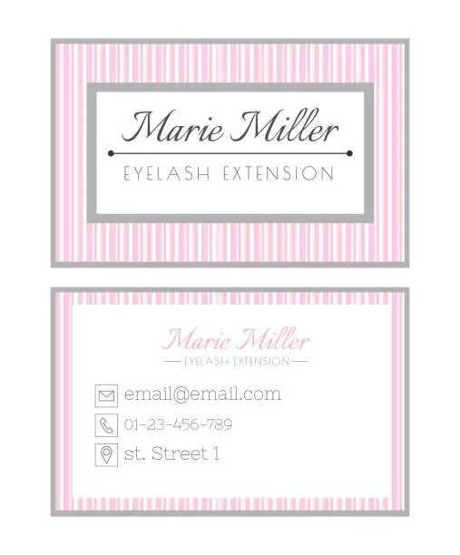 Vector illustration of Business card template design for beauty salon. Services on eyelash extension. Pink striped layout