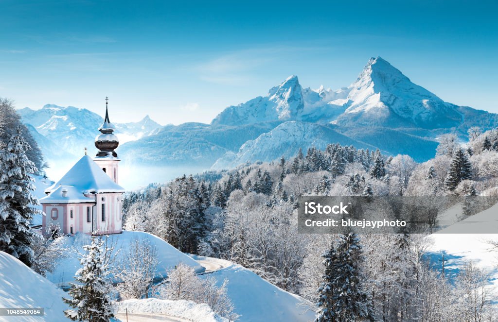 Kirche Maria Gern mit Watzmann im Winter, Berchtesgadener Land, Bayern, Deutschland - Lizenzfrei Winter Stock-Foto