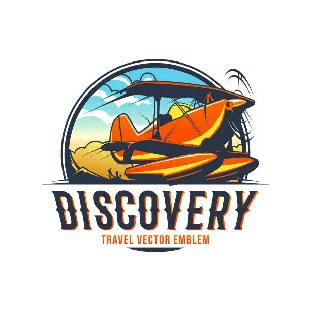 Vector illustration of Travel emblem of water airplane with sky and mountains on background