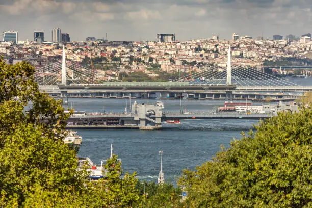 View over the Golden Horn with the Galata Bridge and the AtatÃ¼rk Bridge in Istanbul