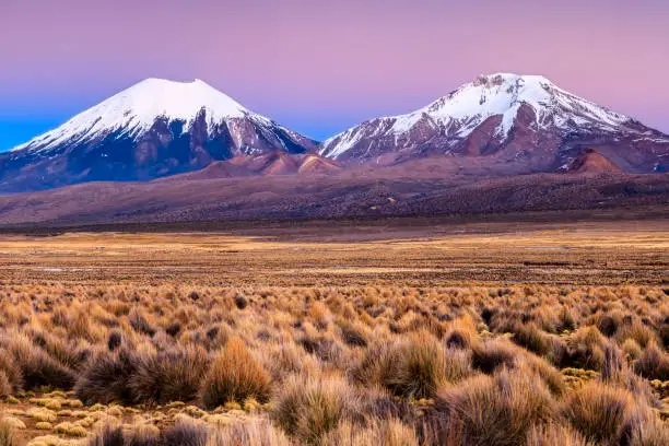 Sunrise over Parinacota Volcano in Sajama National Park. Sajama National Park is a national park in Bolivia. It borders Lauca National Park in Chile.  In 2003 Sajama National Park was added to the UNESCO World Heritage Tentative List due to its universal cultural and natural significance