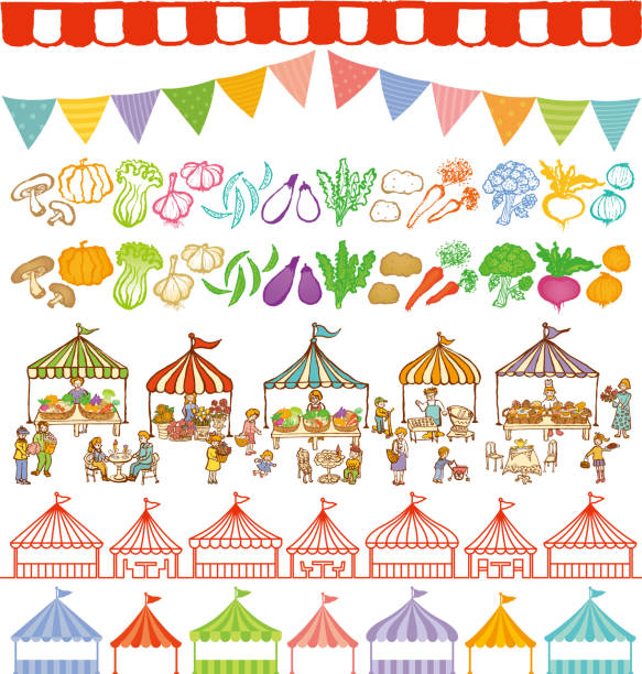 illustrations, cliparts, dessins animés et icônes de place du marché et événement armatures de tentes. - farmers market illustrations