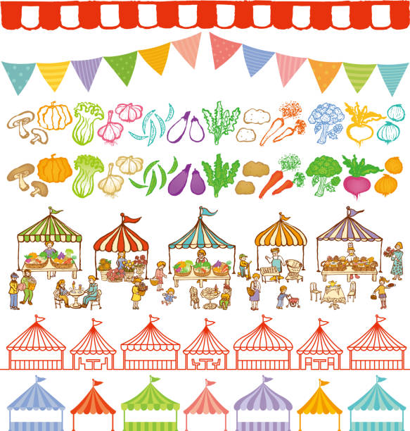 ilustrações de stock, clip art, desenhos animados e ícones de market place and event tents frames. - farmers market illustrations