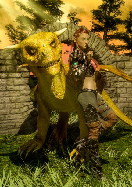 istock Fantasy Warriror and a Yellow Dragon 1048592618