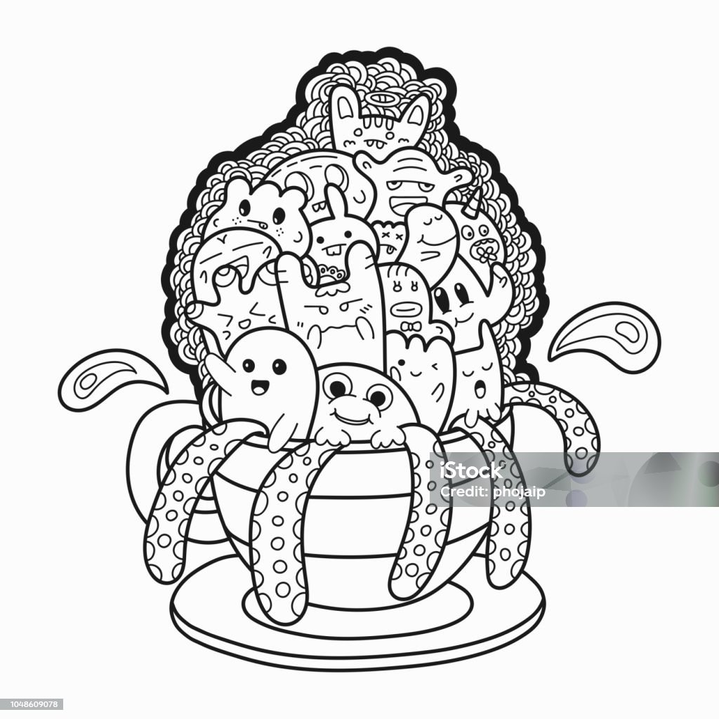 Cute monsters cartoon exploding from the coffee cup hand drawn doodles style for coloring book page and design element. Vector illustration. Hand stock vector