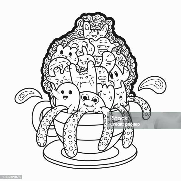 Cute Monsters Cartoon Exploding From The Coffee Cup Hand Drawn Doodles Style For Coloring Book Page And Design Element Vector Illustration Stock Illustration - Download Image Now
