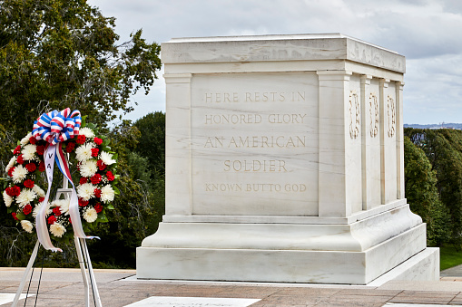 Arlington, Virginia, USA - September 15, 2018: Wreath at tomb of the unknown soldier in Arlington National Cemetery