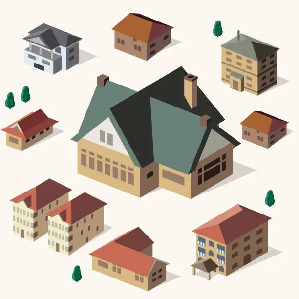 Vector illustration of Pitched roof buildings