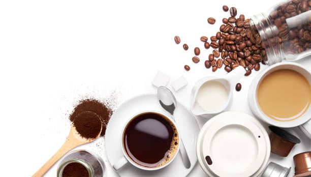 istock Variety types of coffee and ingredients over white background 1048631002