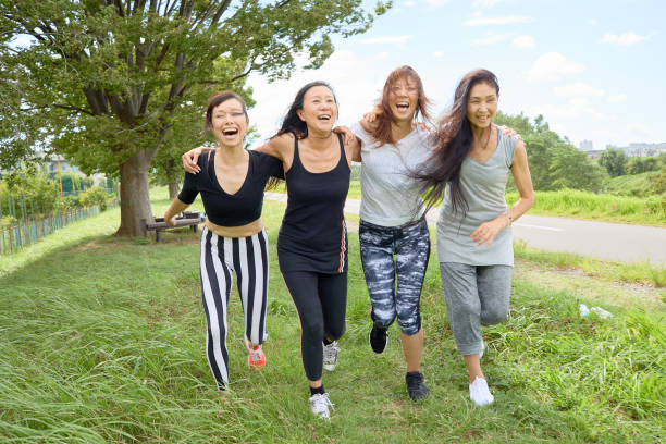 Happy women run innocently