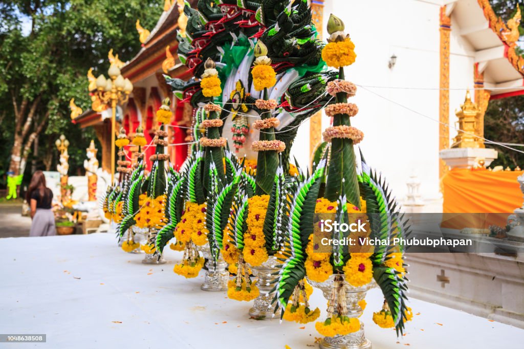 Baai Sri Trays in Thai Buddhism Brahman ceremony to console people’s life spirit to return to people’s body, and also be an expression of congratulation, joy, and appeasement for the owner from guests Arrangement Stock Photo
