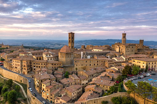 Aerial of Volterra, Tuscany, Italy in Summer - Sunset