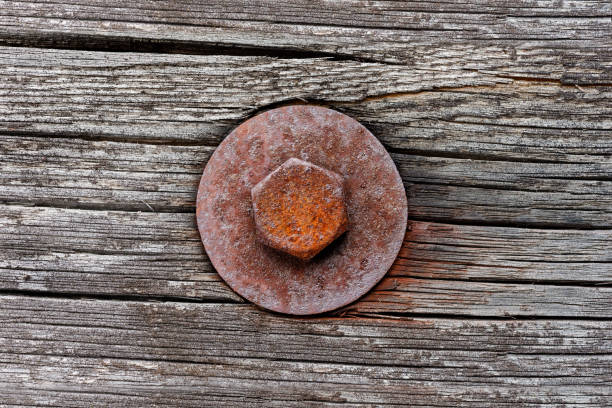 Backgrounds and textures: rusty screw in old weathered wooden plank