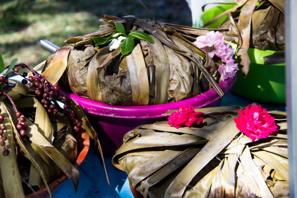 Traditional cooking methods of South Pacific Islands Banana leaves used in cooking Bougna in New Caledonia new caledonia stock pictures, royalty-free photos & images